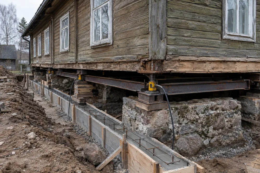 Vana puitmaja tõstetud tungraudadele, all uus lintvundament